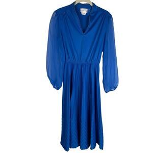 Vintage 70s 80s blue sheer puff sleeve midi secretary dress